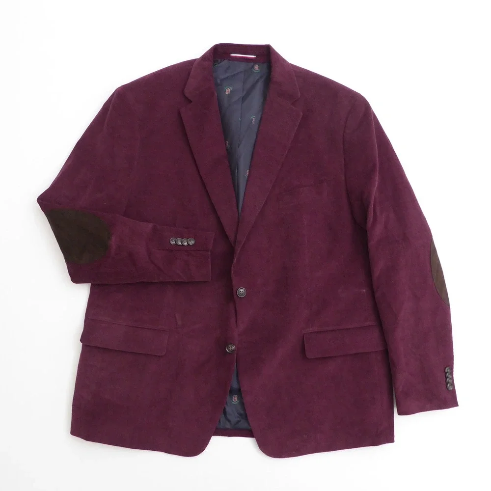 Tommy Hilfiger Mens Corduroy Blazer Sport Coat Maroon Red Elbow Patches 48R